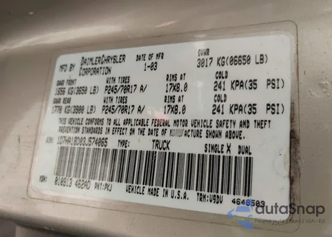 2003 Dodge Ram 1500 Slt/Laramie/St from USA, damaged, VIN 1D7HA18D03J574065